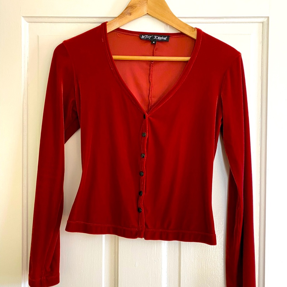 RELIST: Vintage Y2K Red Stretch Velvet Betsey Johnson Cardigan ❤️